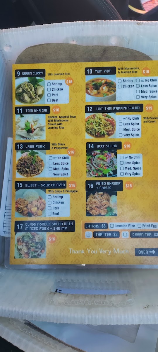 Bengal Tiger Thai Cuisine menu board