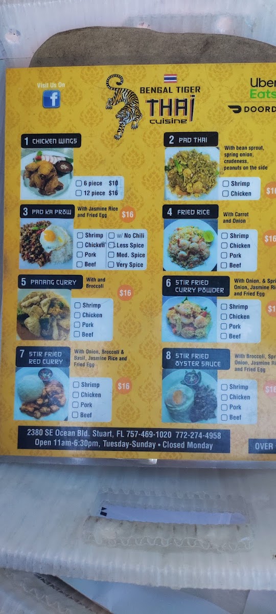 Bengal Tiger Thai Cuisine menu board