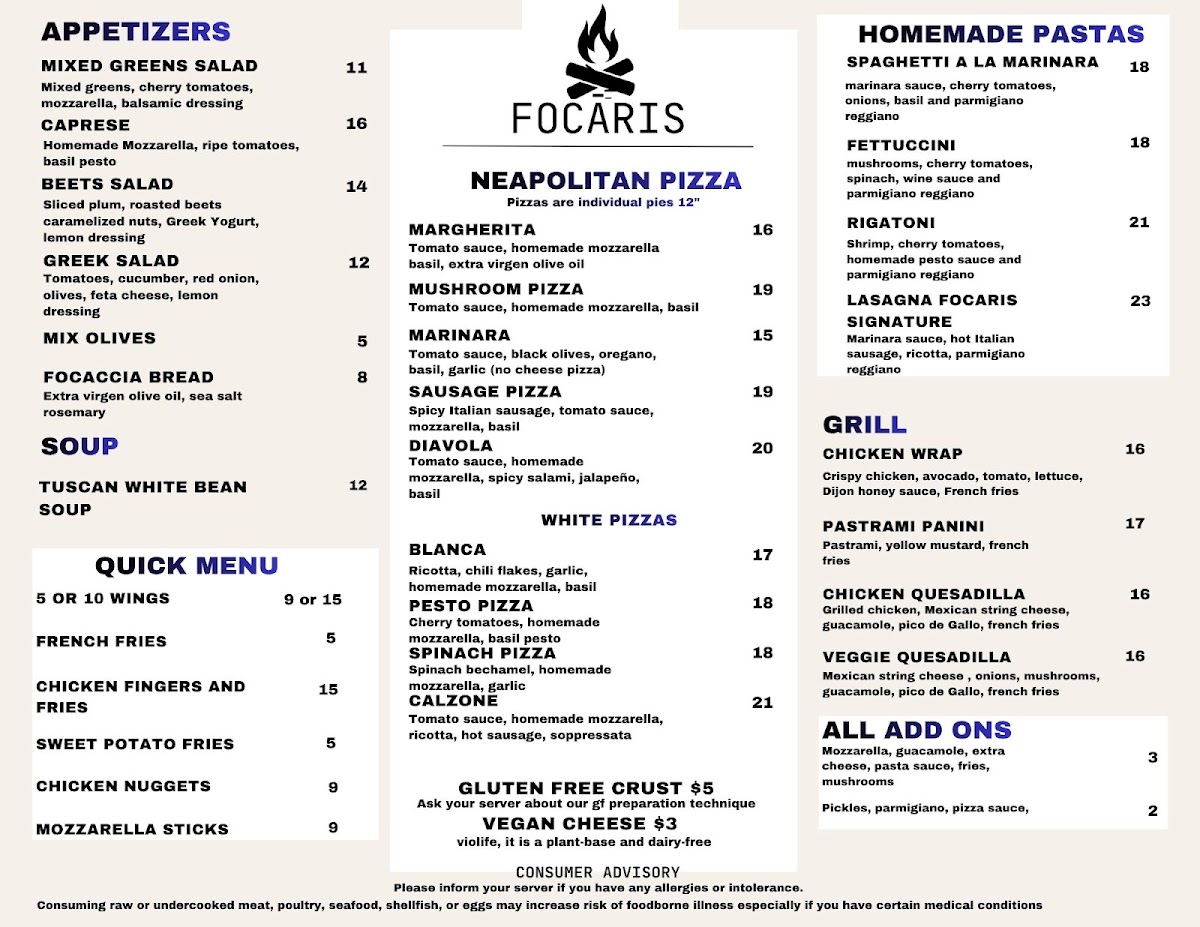 Focáris Restaurant menu board