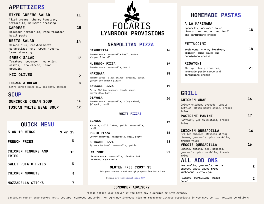 Focáris Restaurant menu board