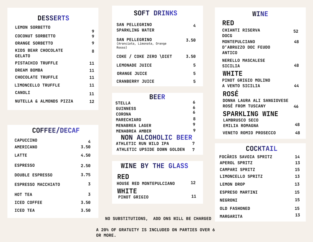 Focáris Restaurant menu board