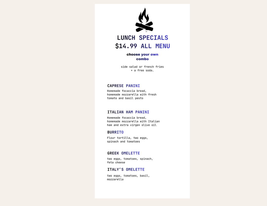 Focáris Restaurant menu board