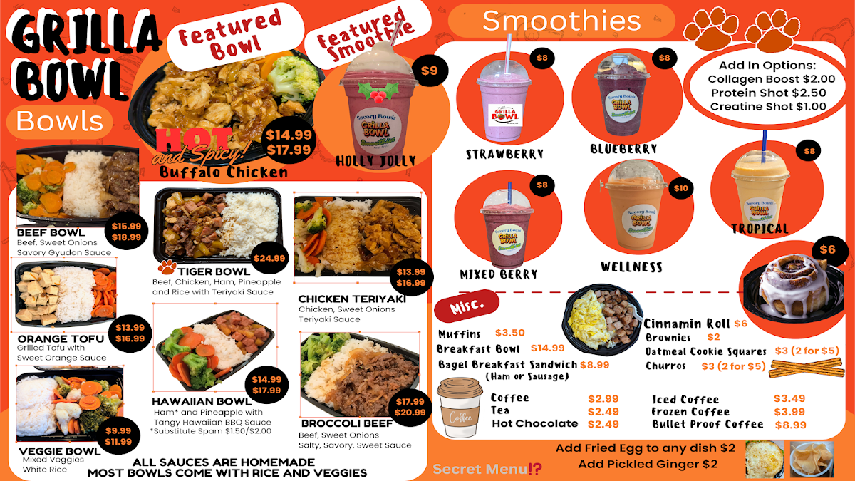 Grilla Bowl menu board