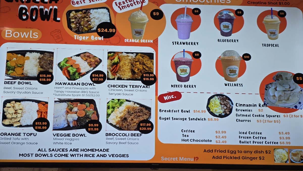 Grilla Bowl menu board