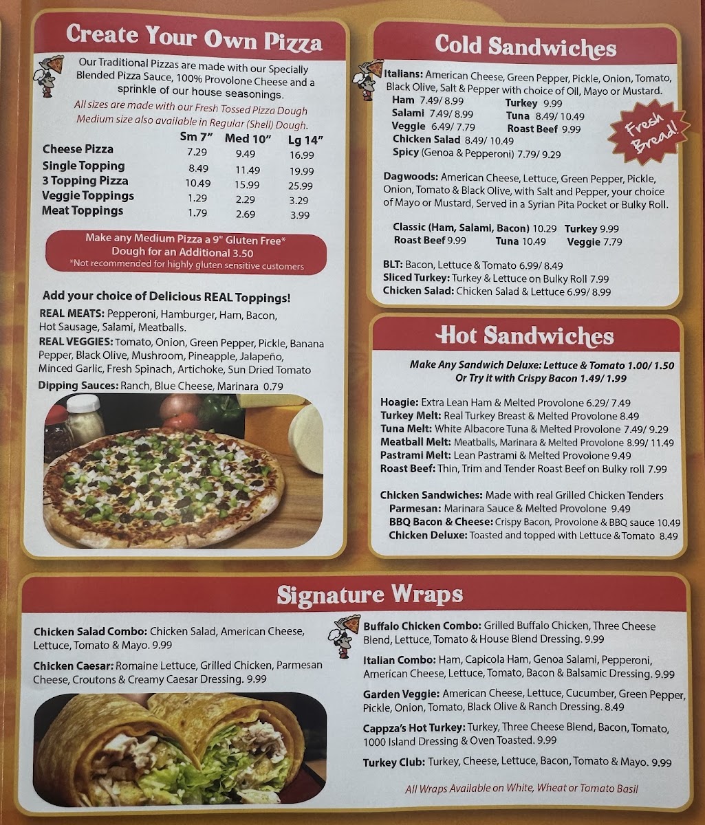 Cappza's Pizza menu board