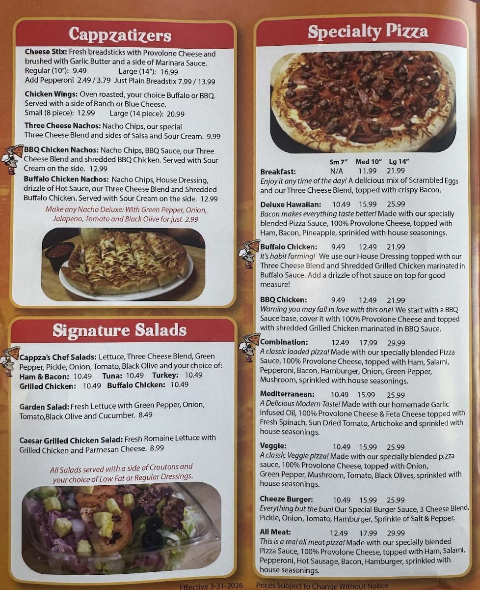 Cappza's Pizza menu board