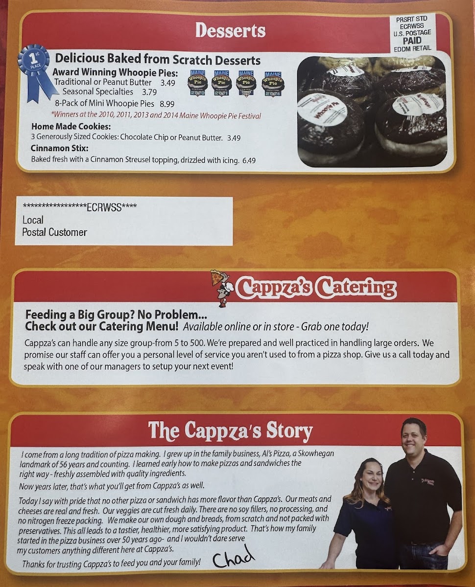 Cappza's Pizza menu board