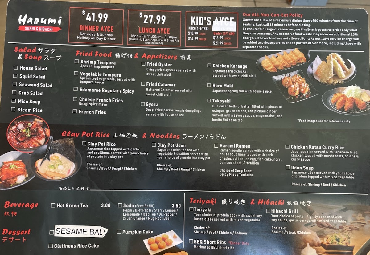 Harumi Sushi & Hibachi menu board