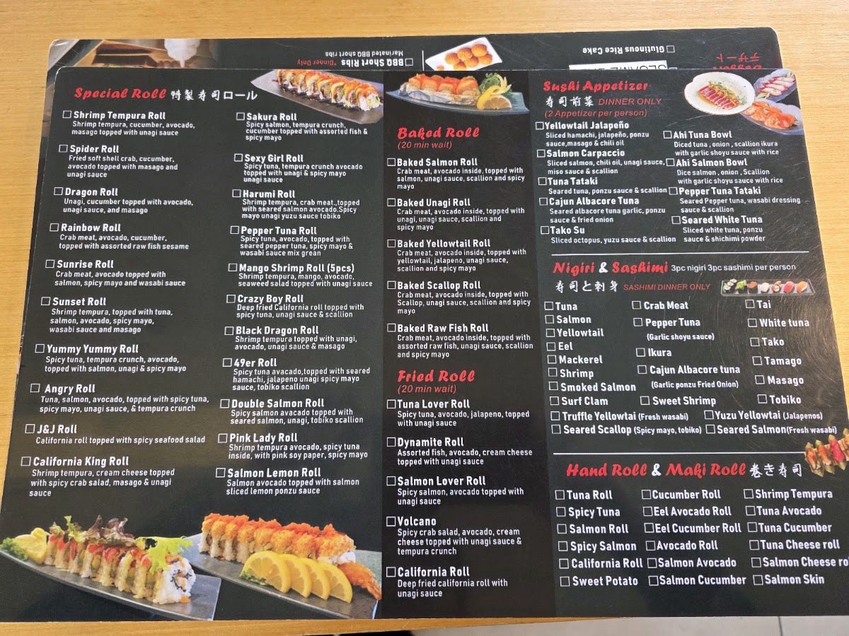 Harumi Sushi & Hibachi menu board
