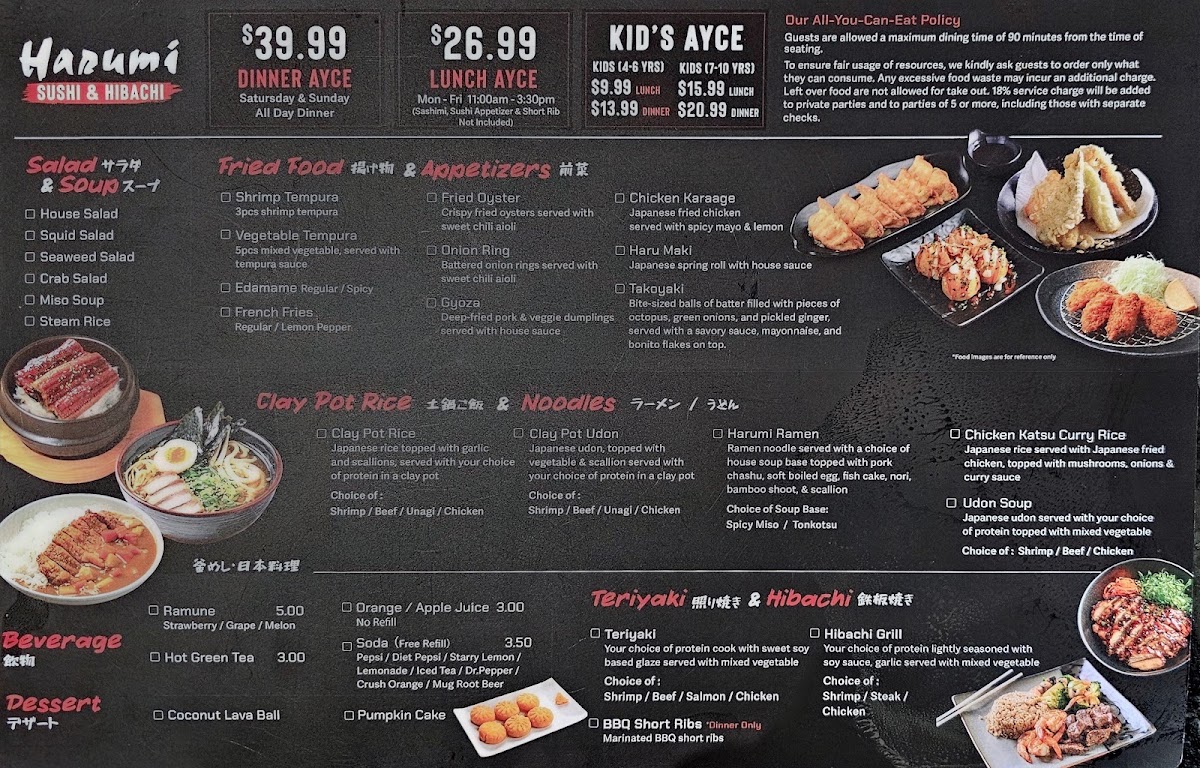 Harumi Sushi & Hibachi menu board