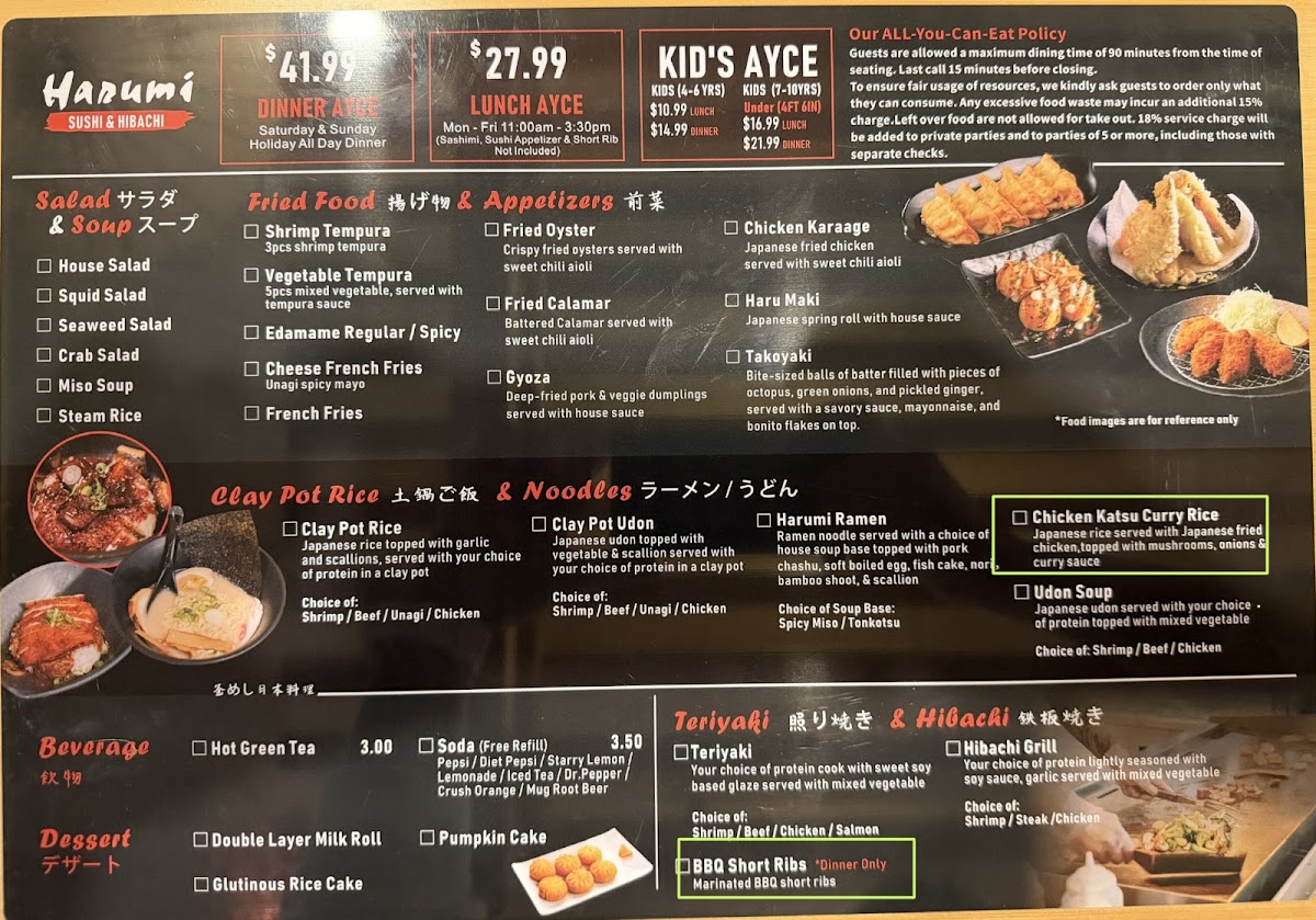 Harumi Sushi & Hibachi menu board