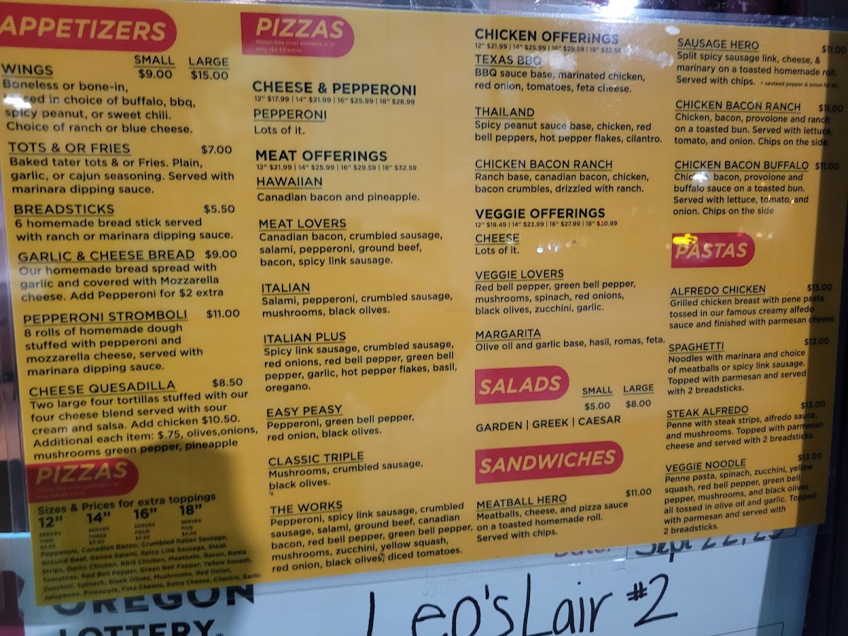 LEO'S LAIR PUB & EATS menu board