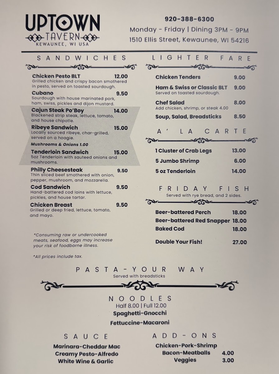 Uptown Tavern menu board