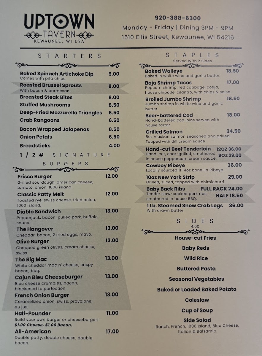 Uptown Tavern menu board