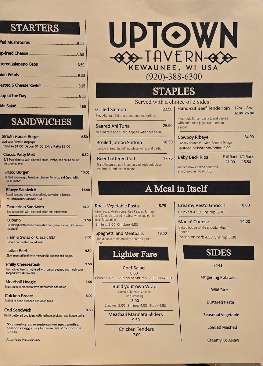 Uptown Tavern menu board