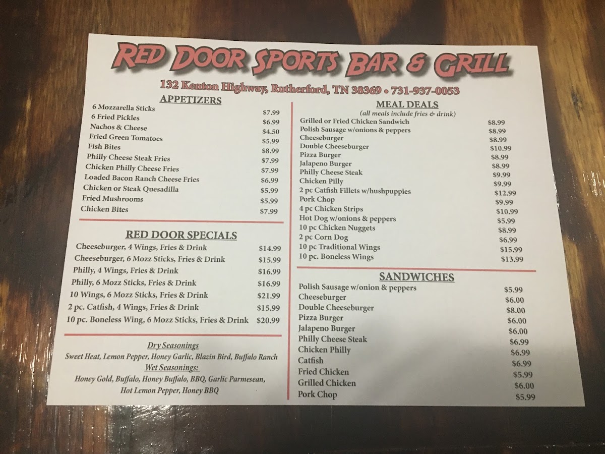 Red Door Sports Bar &Grill menu board