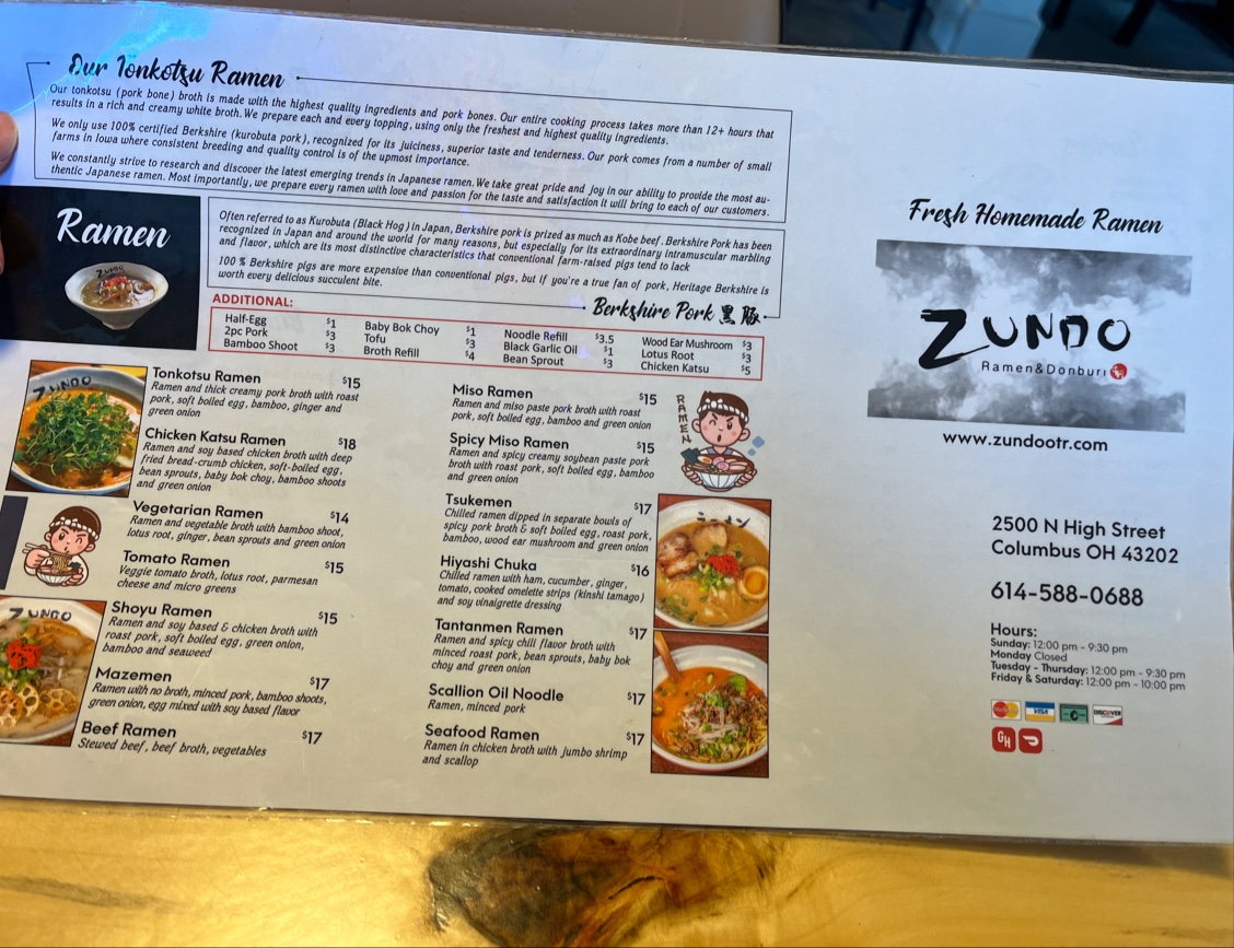 Zundo Ramen - Columbus menu board