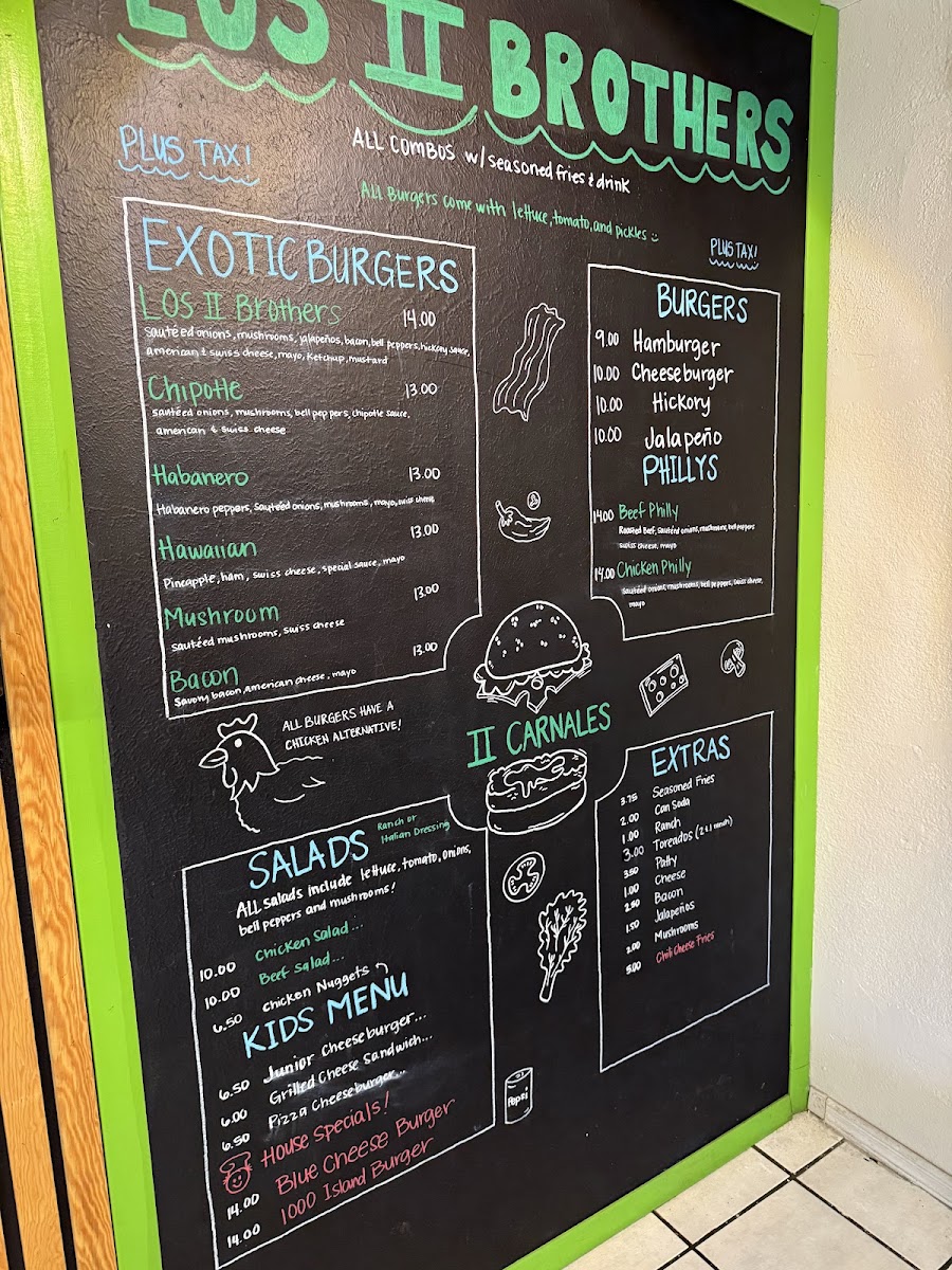 Los II Brothers Burgers menu board