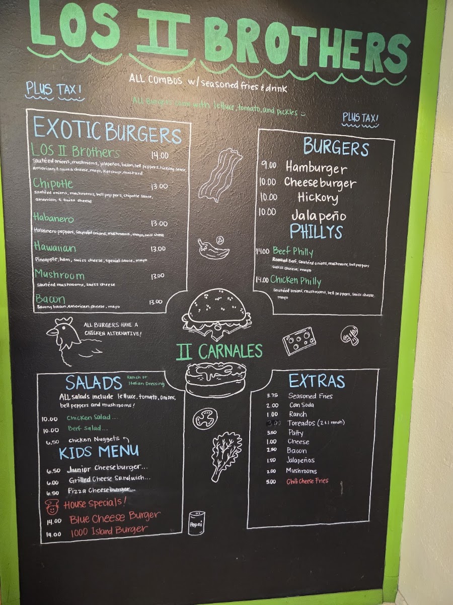 Los II Brothers Burgers menu board