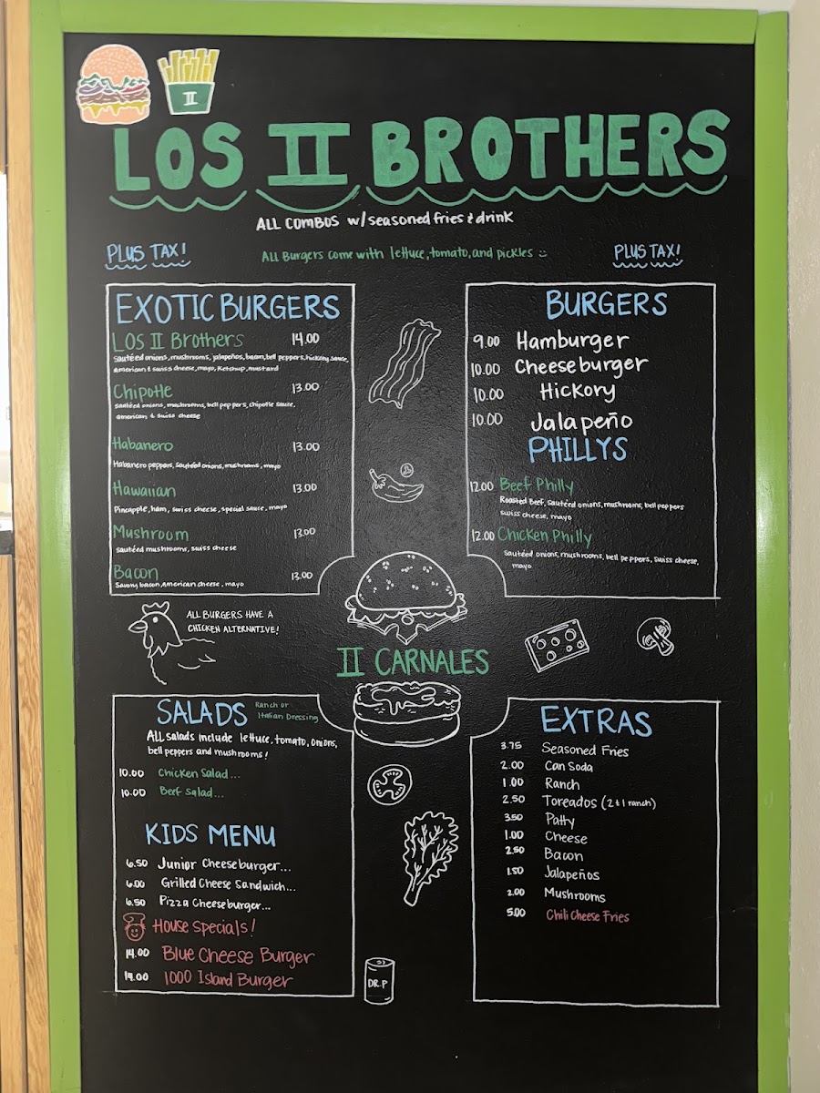 Los II Brothers Burgers menu board