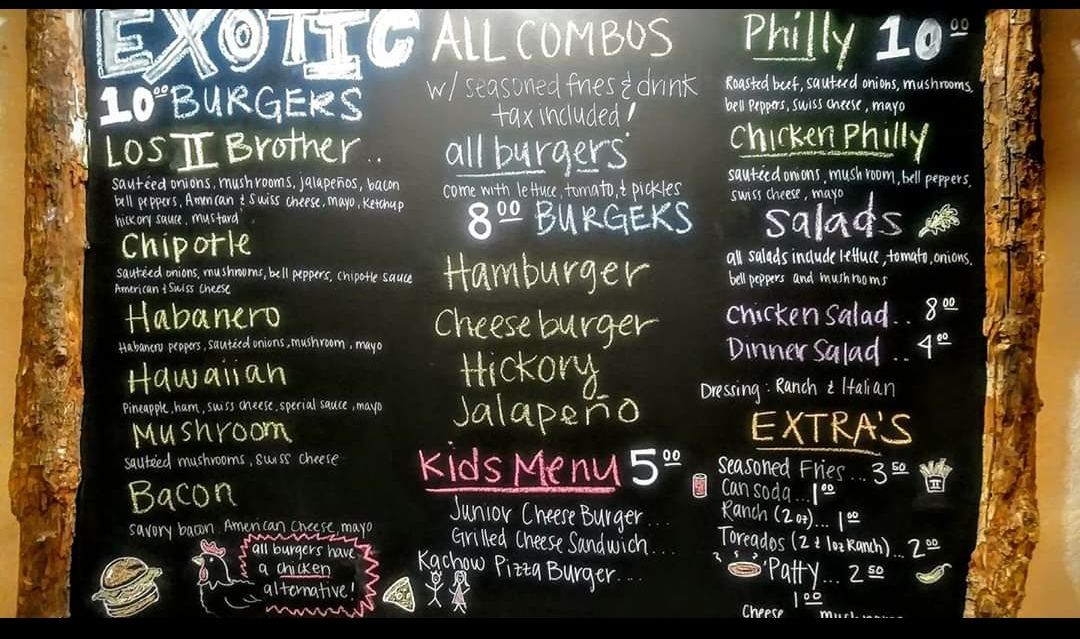 Los II Brothers Burgers menu board