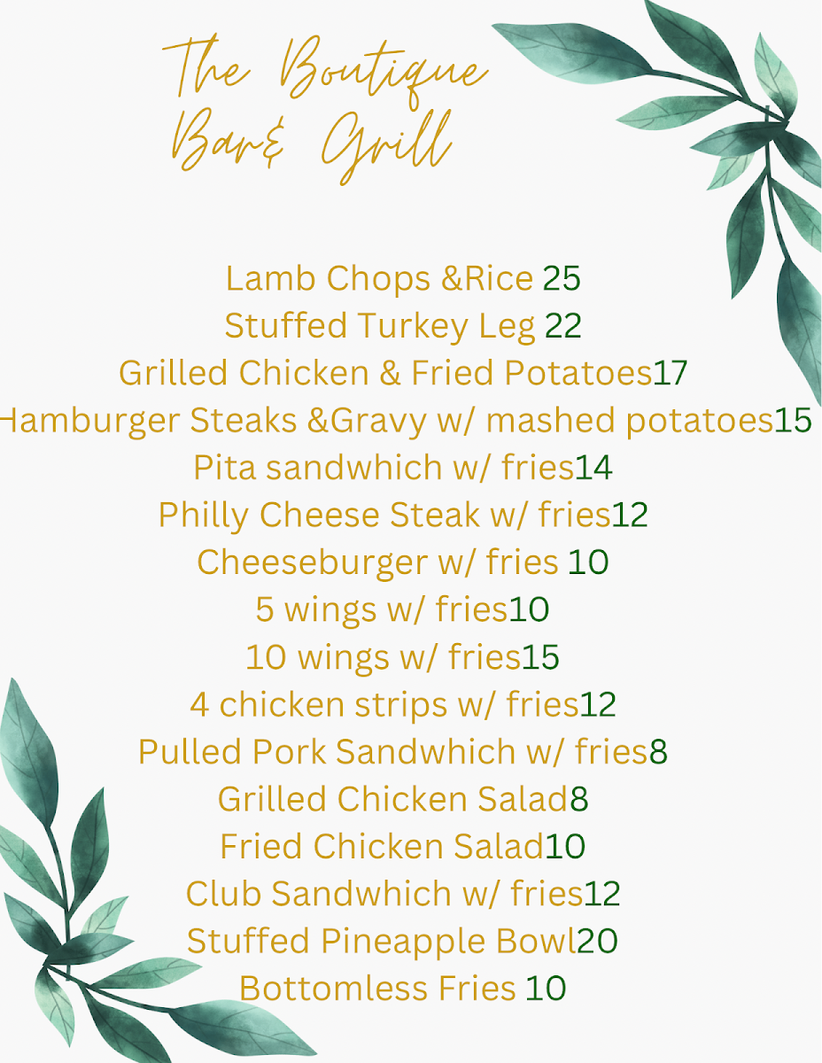 The Boutique Bar & Grill menu board