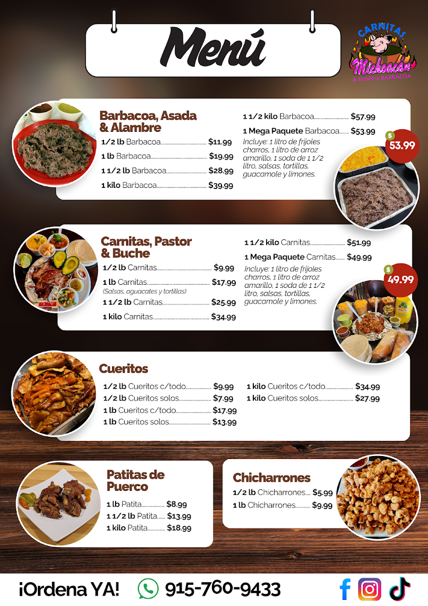 Carnitas Michoacan & Finisima Barbacoa menu board