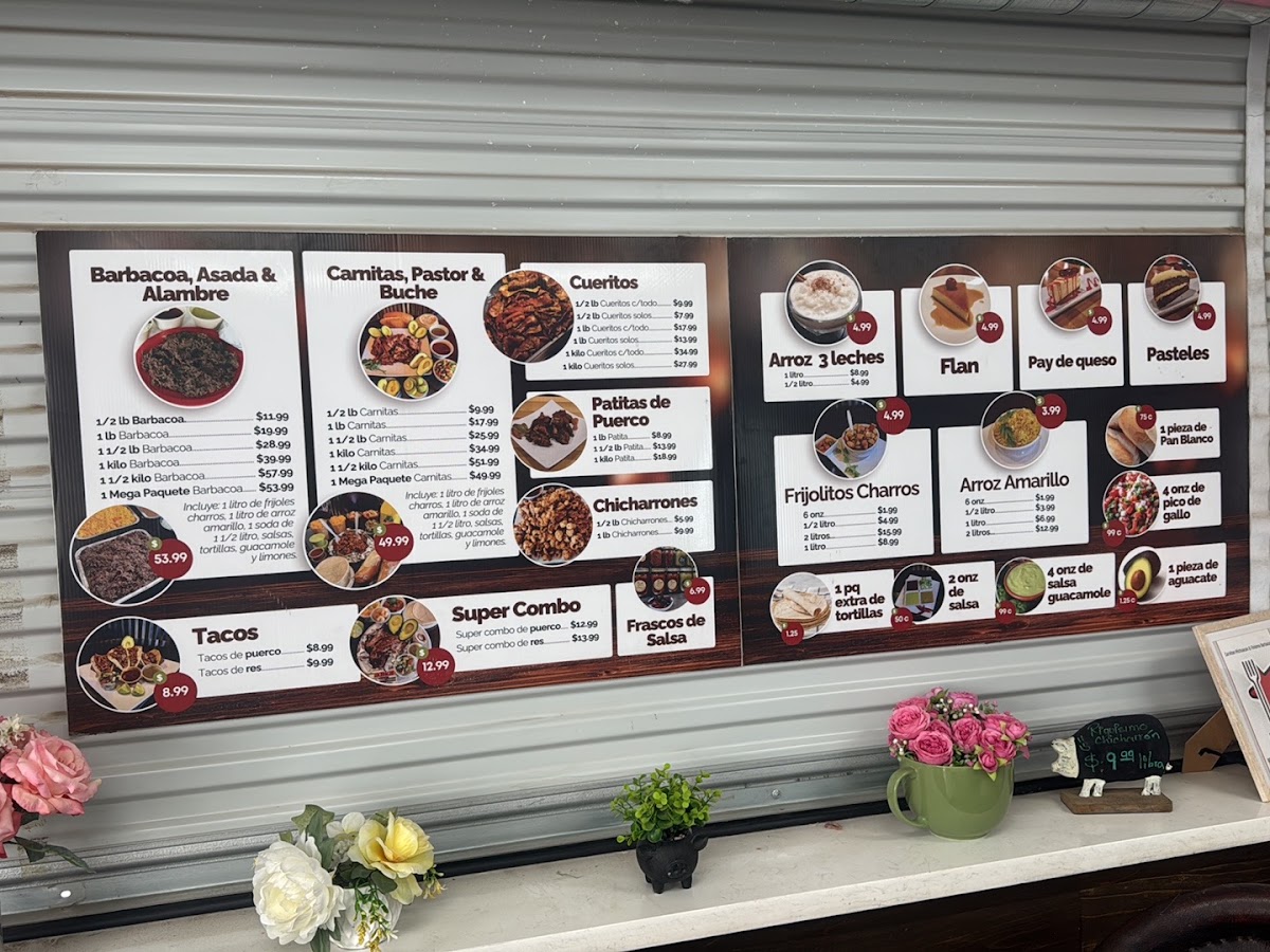 Carnitas Michoacan & Finisima Barbacoa menu board