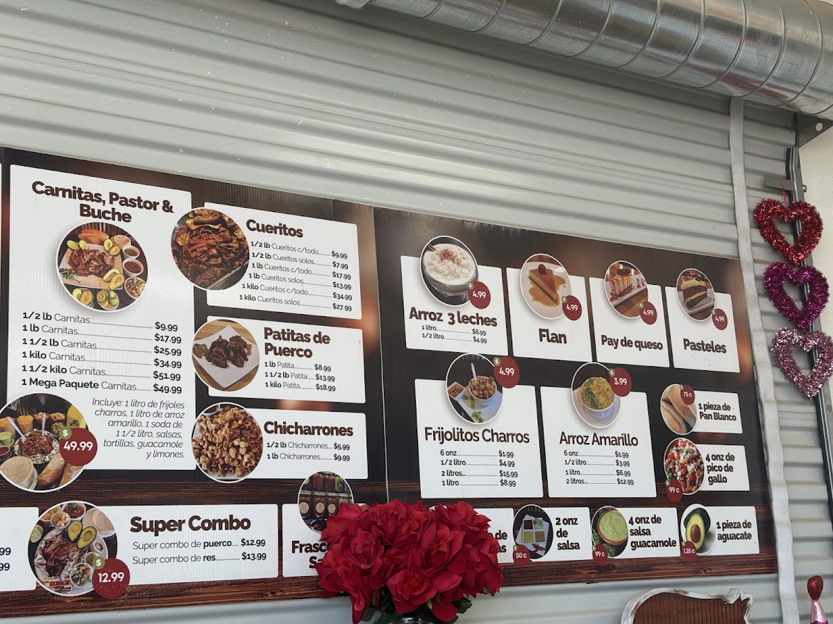 Carnitas Michoacan & Finisima Barbacoa menu board
