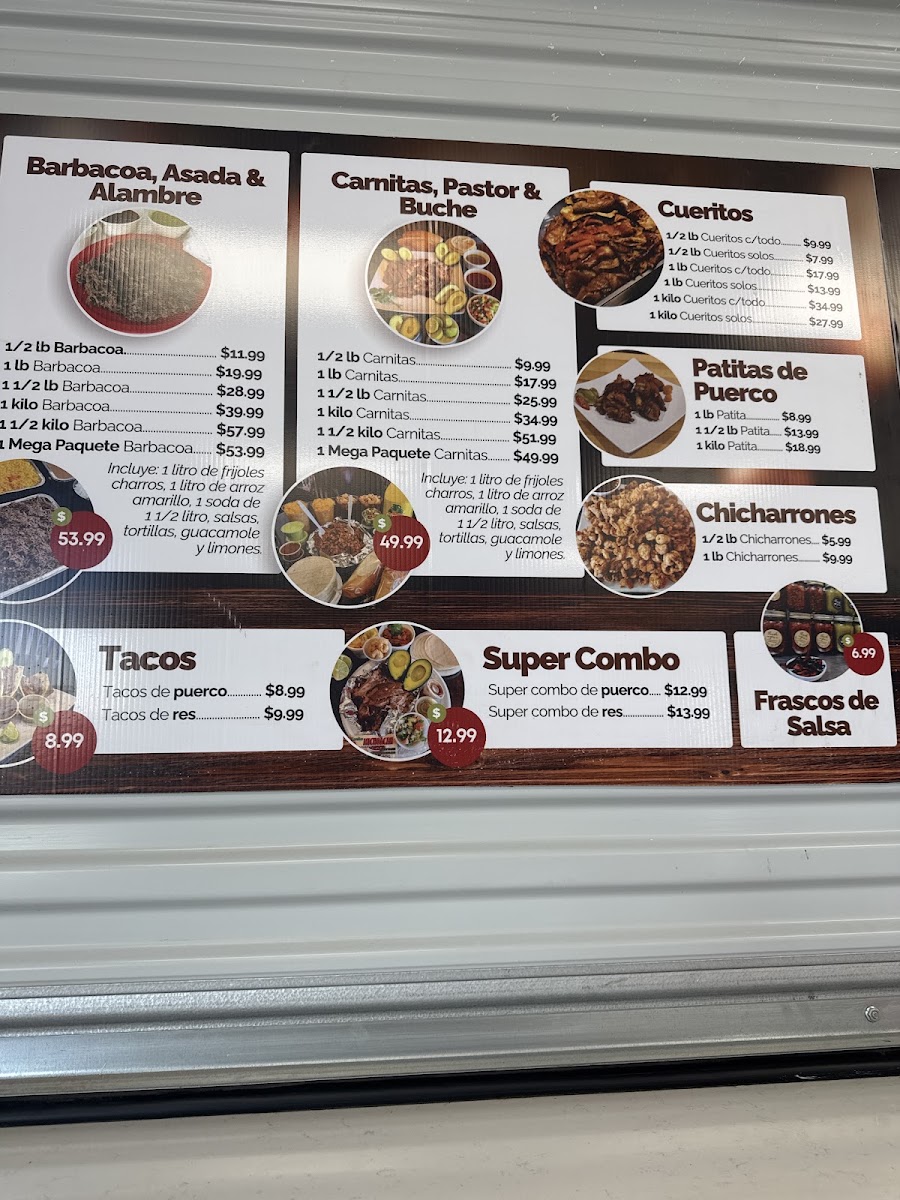 Carnitas Michoacan & Finisima Barbacoa menu board