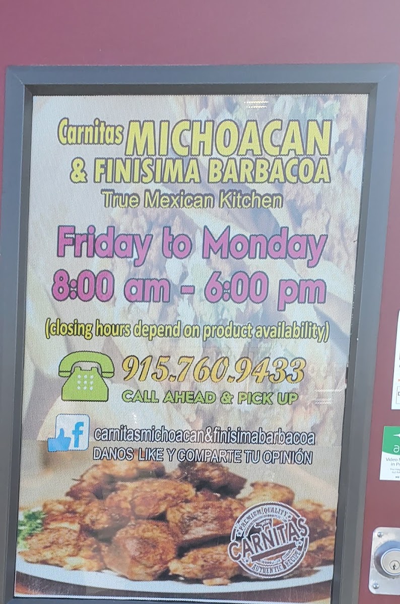Carnitas Michoacan & Finisima Barbacoa menu board