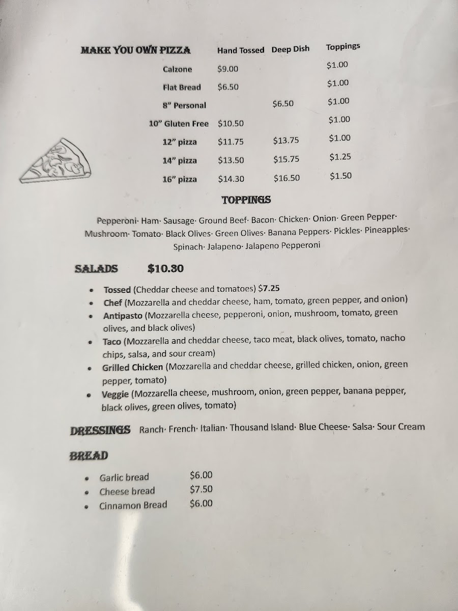 Frosty's Freezer and Pizzeria menu board