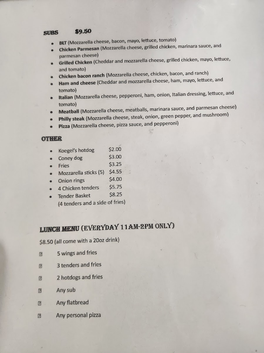 Frosty's Freezer and Pizzeria menu board