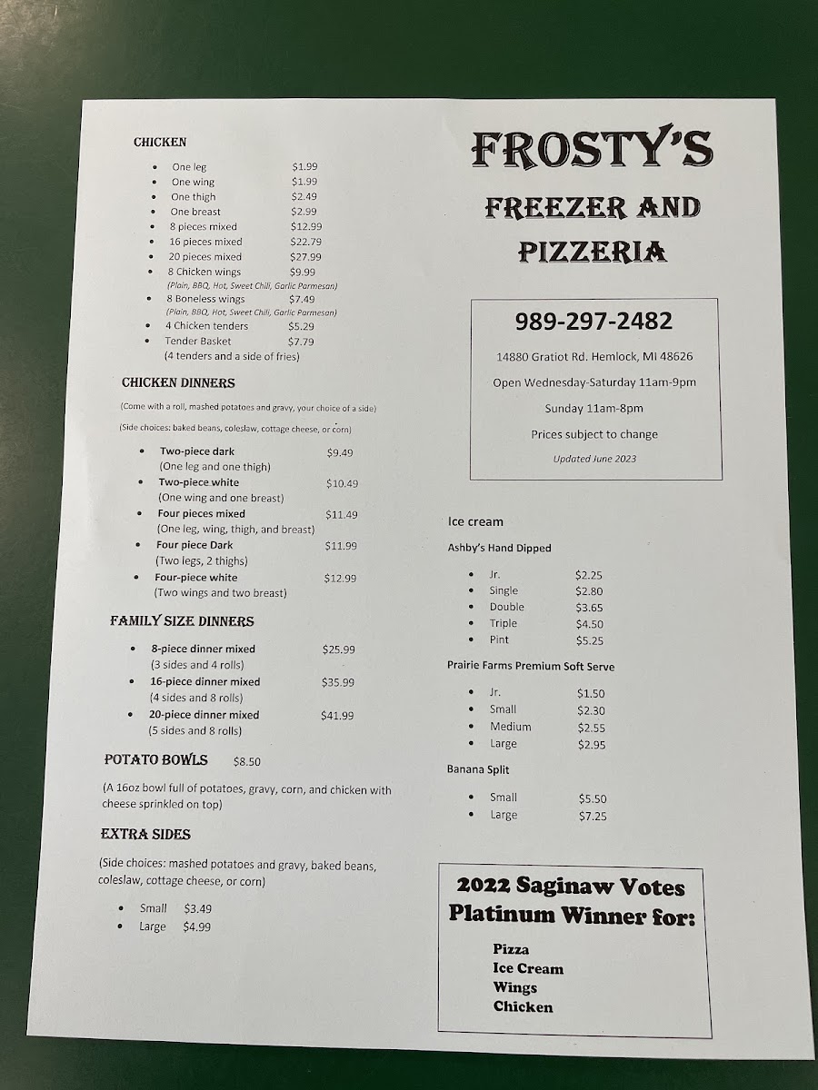 Frosty's Freezer and Pizzeria menu board