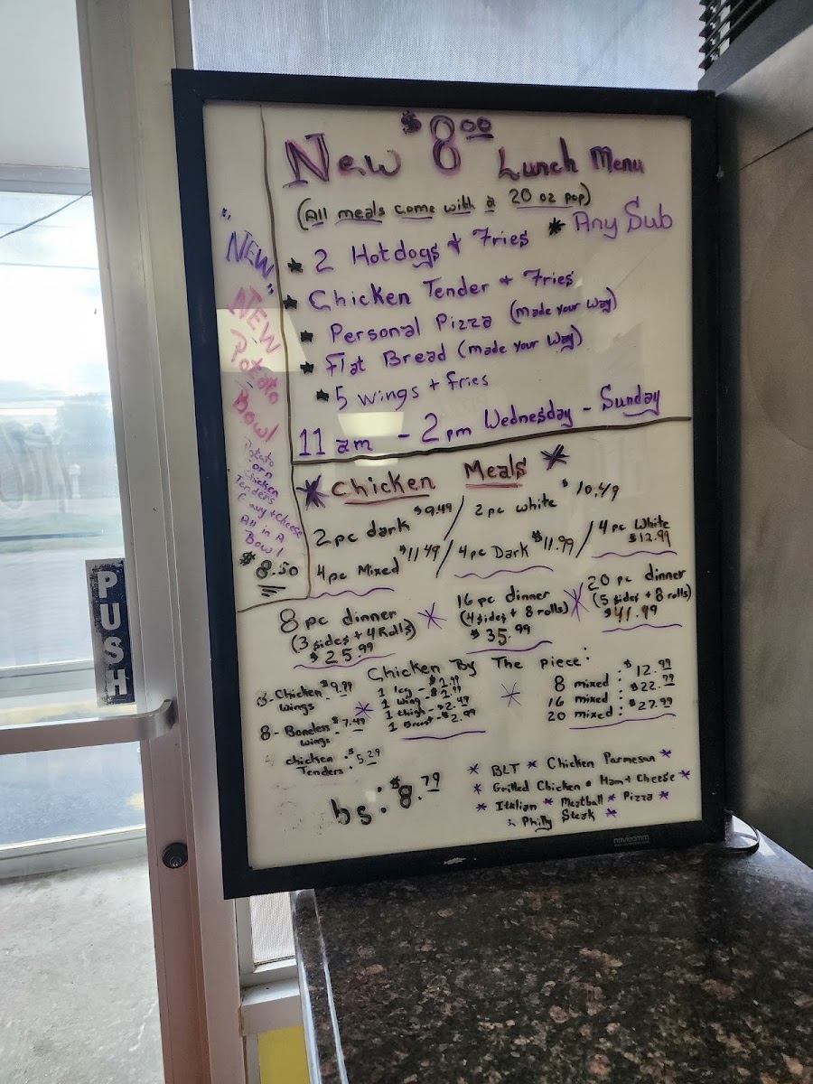 Frosty's Freezer and Pizzeria menu board