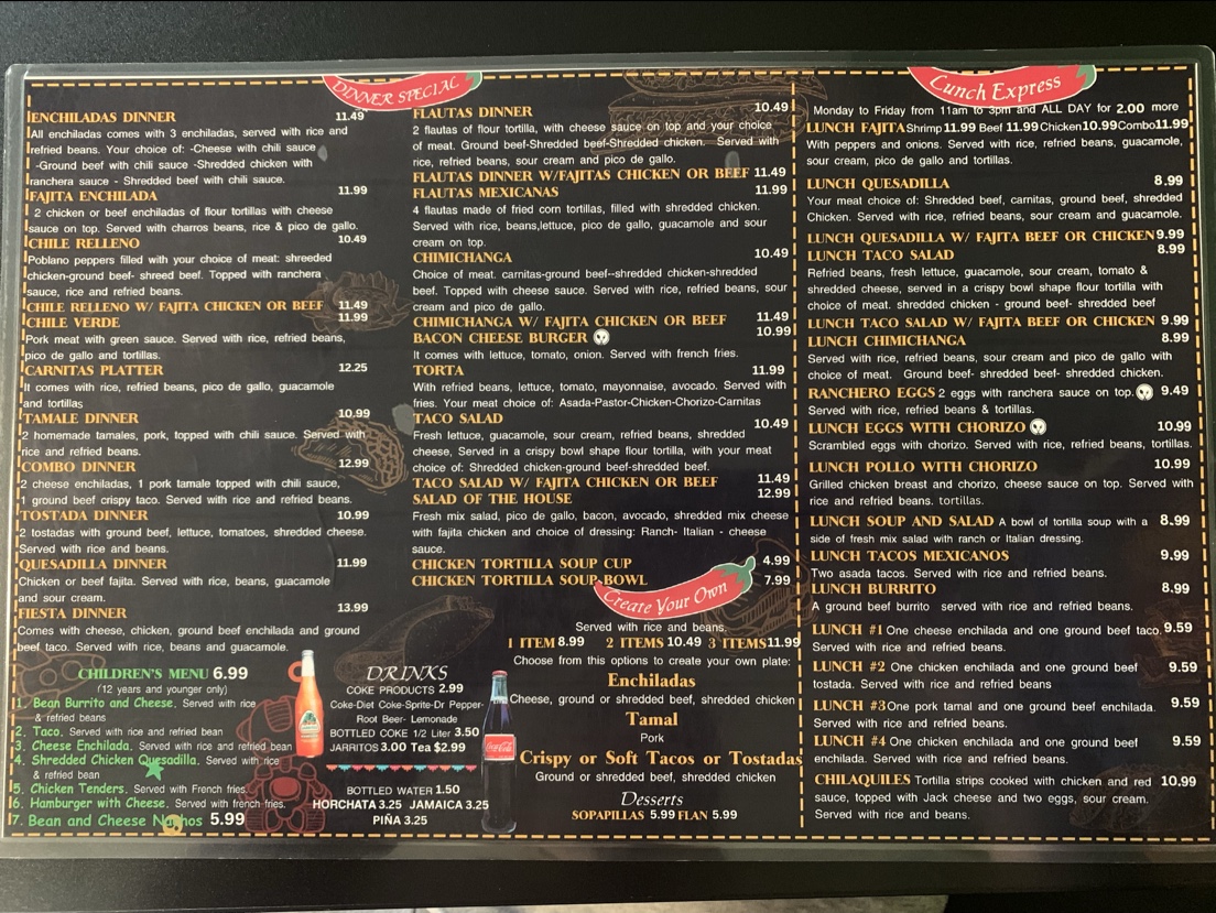 Fajitas Grill Mexican Restaurant menu board