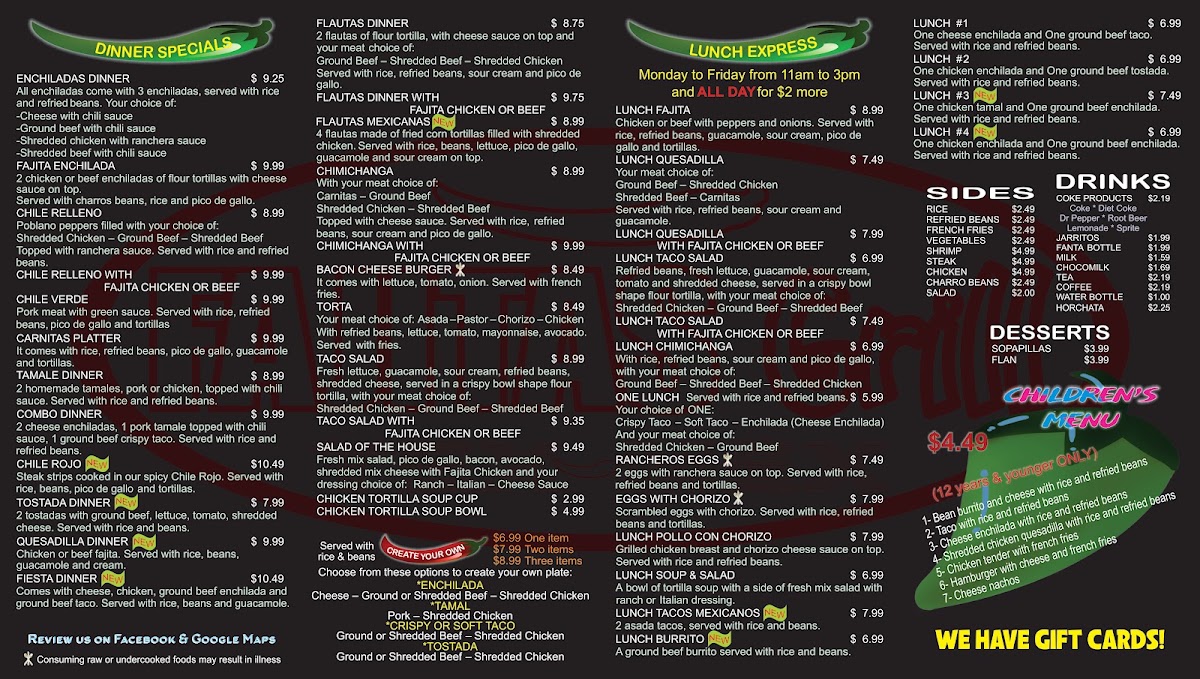 Fajitas Grill Mexican Restaurant menu board