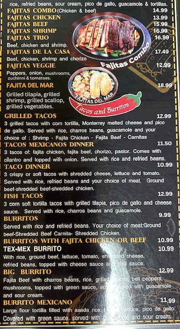 Fajitas Grill Mexican Restaurant menu board