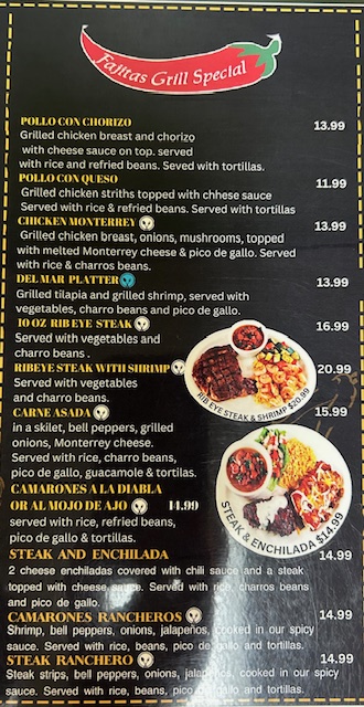 Fajitas Grill Mexican Restaurant menu board