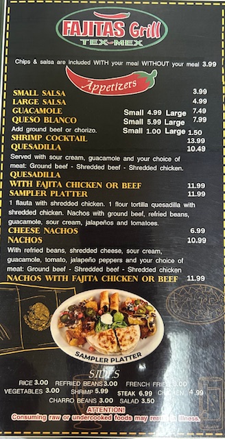 Fajitas Grill Mexican Restaurant menu board