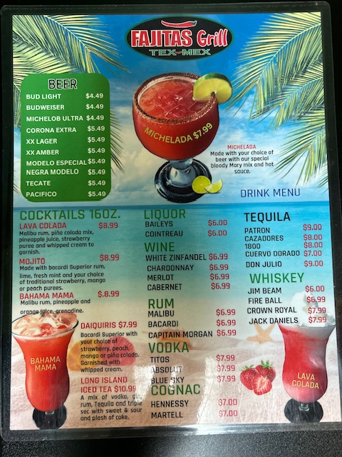 Fajitas Grill Mexican Restaurant menu board