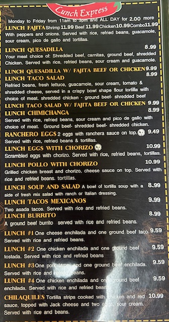 Fajitas Grill Mexican Restaurant menu board