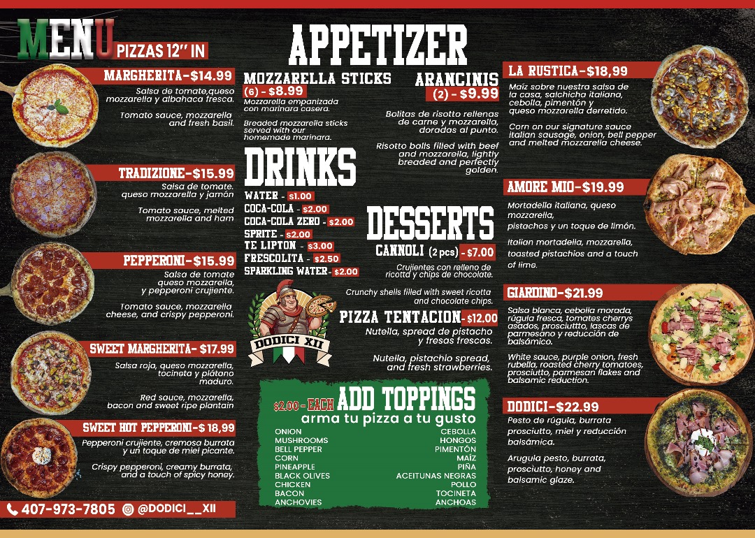 Dodici XII menu board