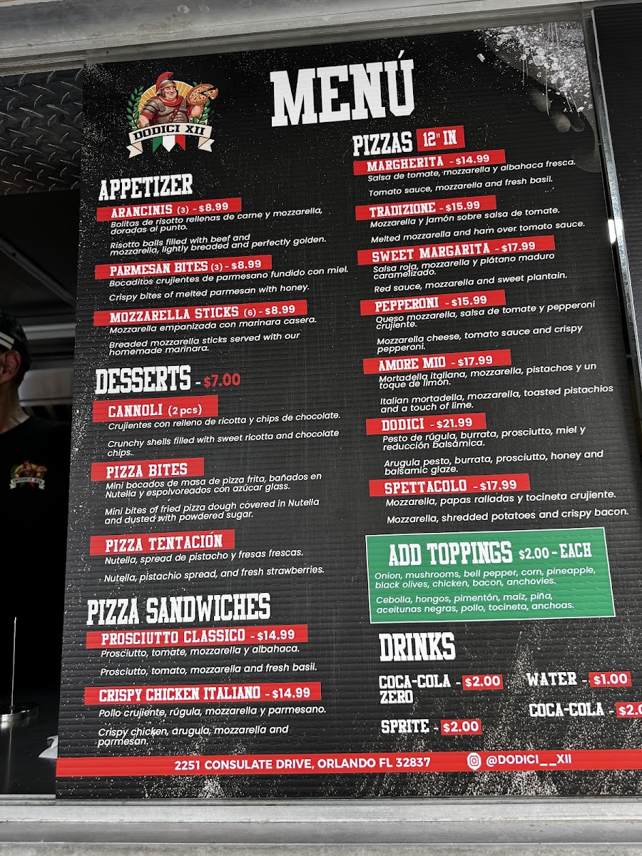 Dodici XII menu board
