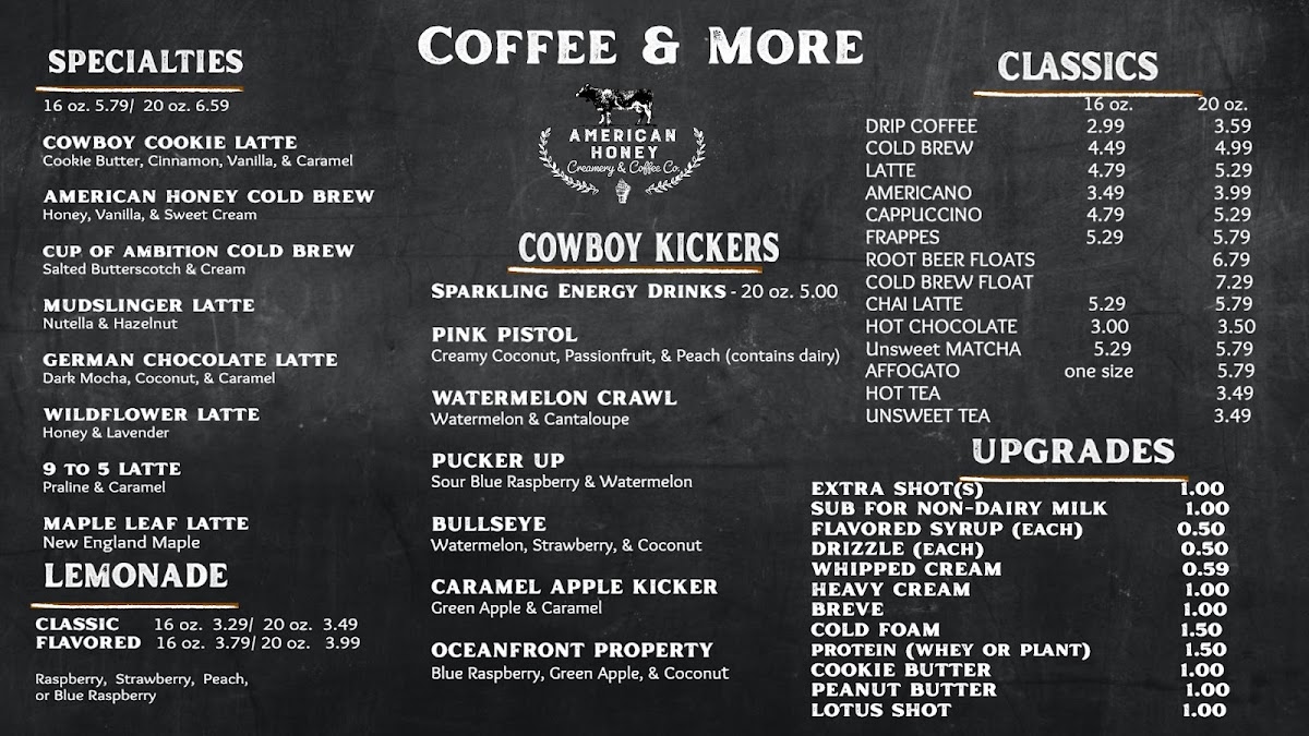 American Honey Creamery and Coffee Co. menu board