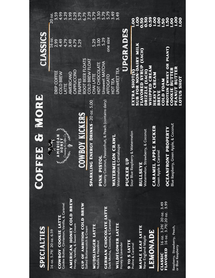 American Honey Creamery and Coffee Co. menu board