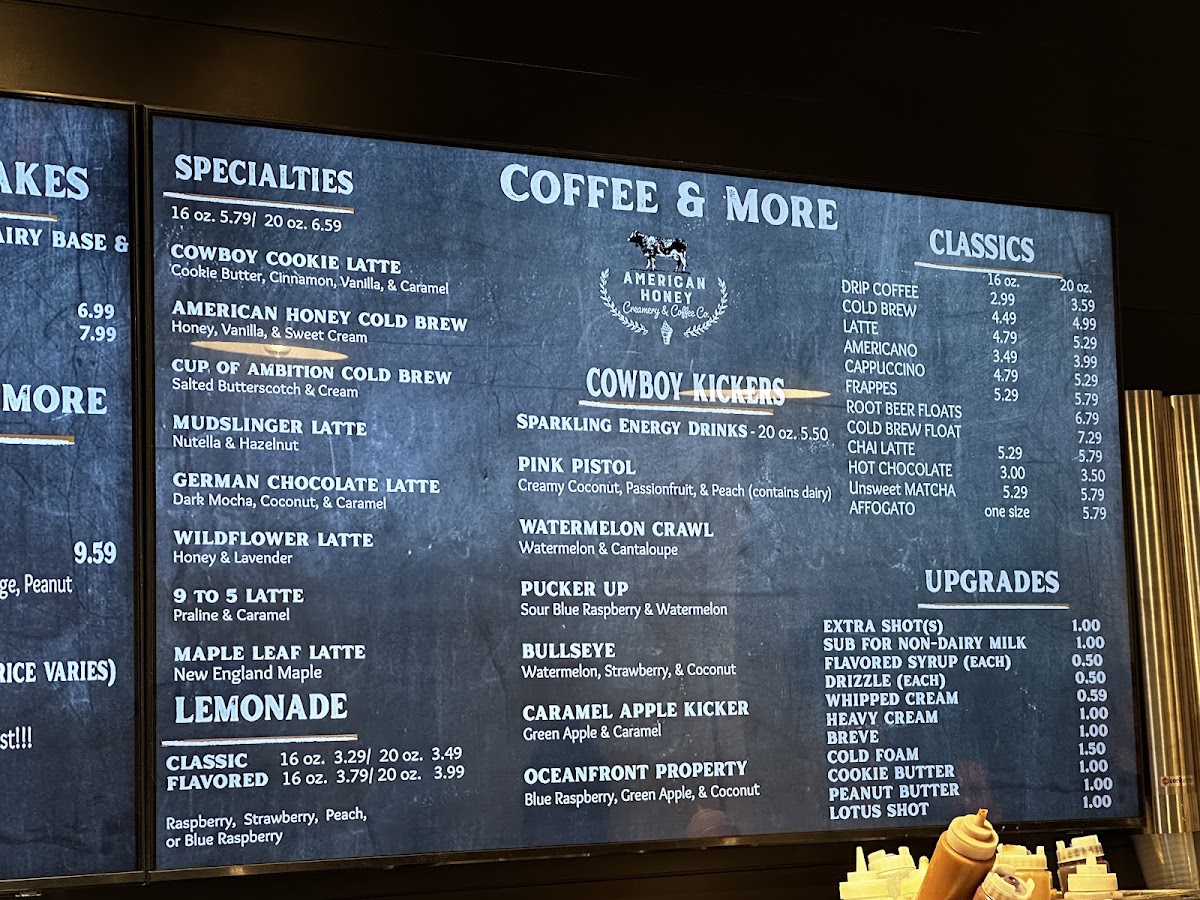 American Honey Creamery and Coffee Co. menu board