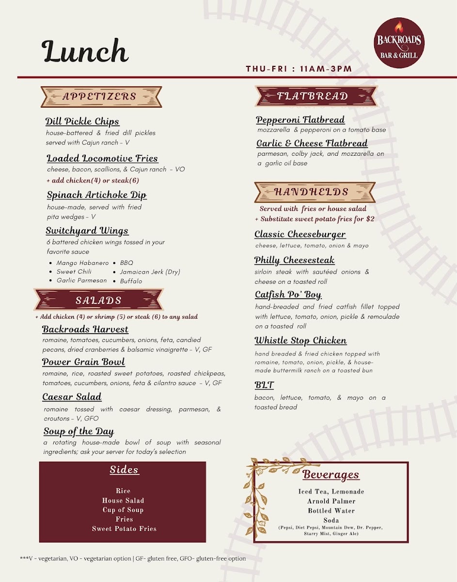 Backroads Bar & Grill menu board