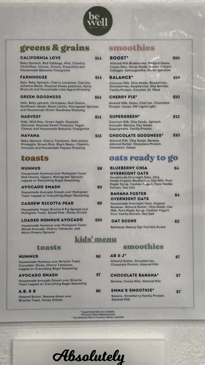 be well cafe menu board