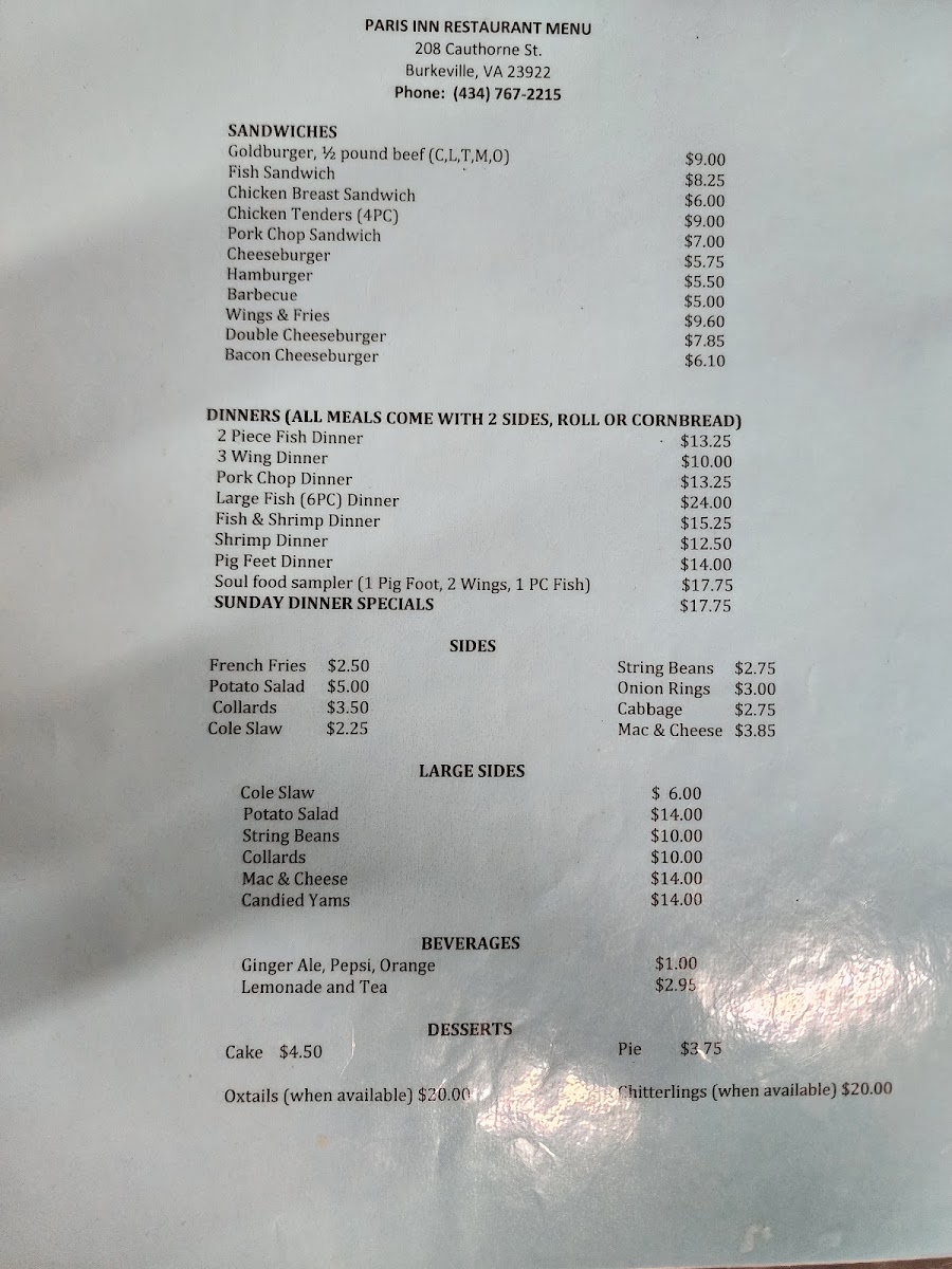 Paris Inn Restaurant menu board